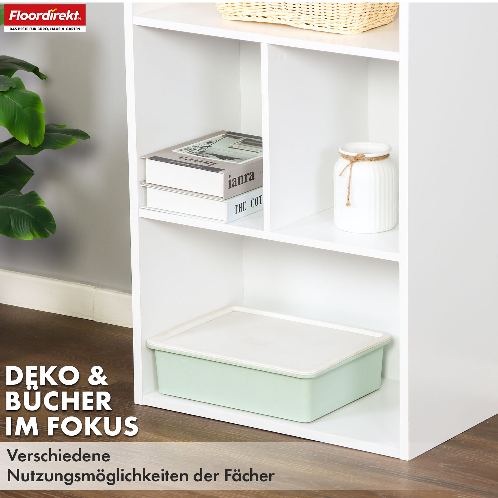 Bücherregal | California | Modernes, platzsparendes MDF-Regal mit Anti-Kipp-Sicherung in Weiß 4-8 offene Fächer