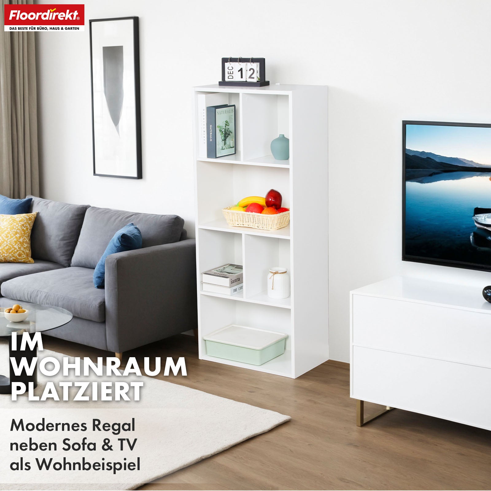 Bücherregal | California | Modernes, platzsparendes MDF-Regal mit Anti-Kipp-Sicherung in Weiß 4-8 offene Fächer