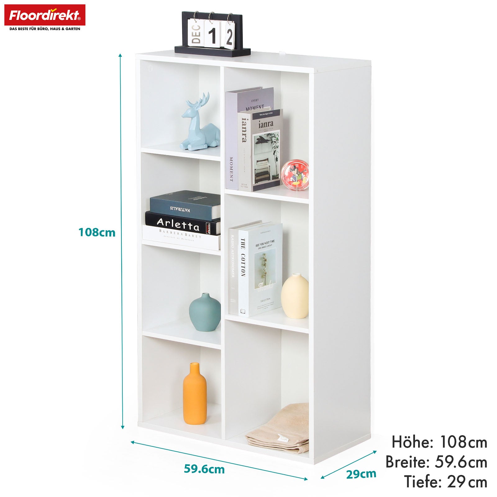 Bücherregal | California | Modernes, platzsparendes MDF-Regal mit Anti-Kipp-Sicherung in Weiß 4-8 offene Fächer