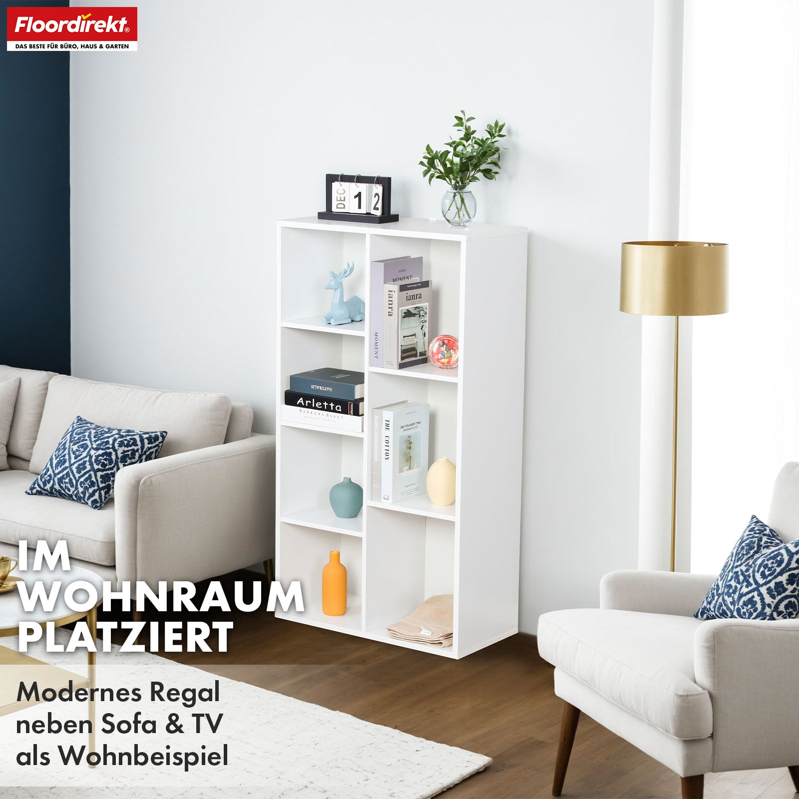 Bücherregal | California | Modernes, platzsparendes MDF-Regal mit Anti-Kipp-Sicherung in Weiß 4-8 offene Fächer