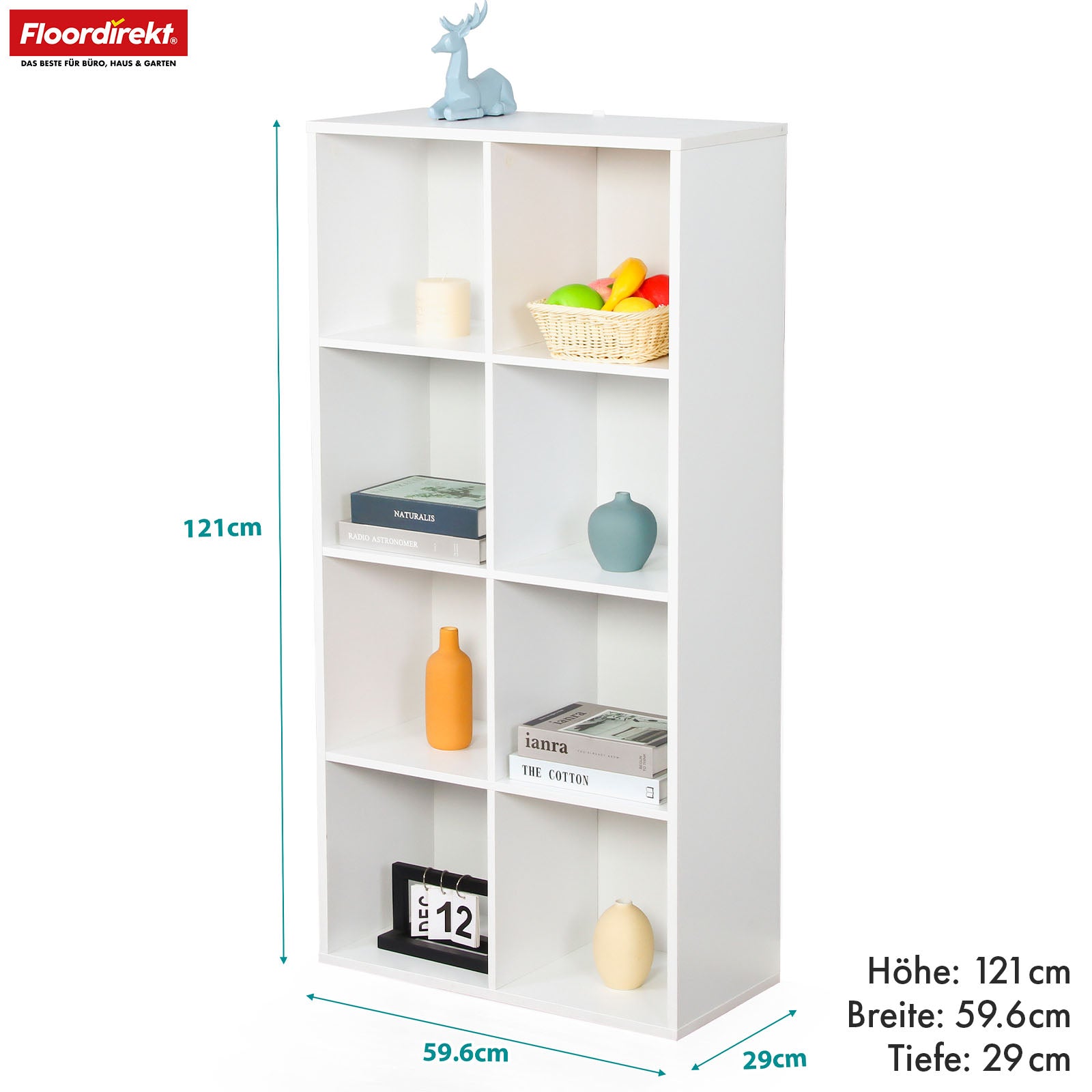 Bücherregal | California | Modernes, platzsparendes MDF-Regal mit Anti-Kipp-Sicherung in Weiß 4-8 offene Fächer