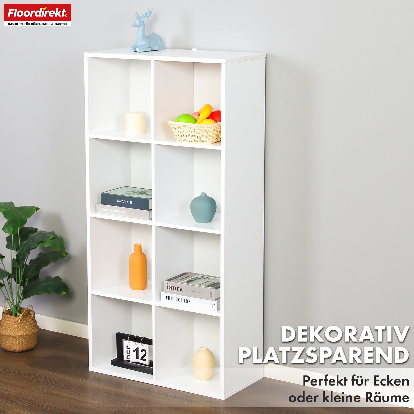 Bücherregal | California | Modernes, platzsparendes MDF-Regal mit Anti-Kipp-Sicherung in Weiß 4-8 offene Fächer