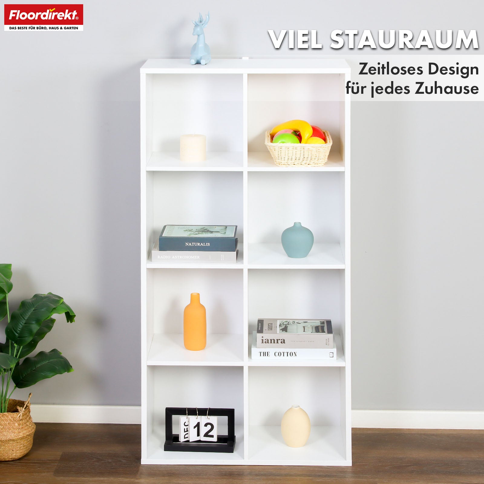 Bücherregal | California | Modernes, platzsparendes MDF-Regal mit Anti-Kipp-Sicherung in Weiß 4-8 offene Fächer