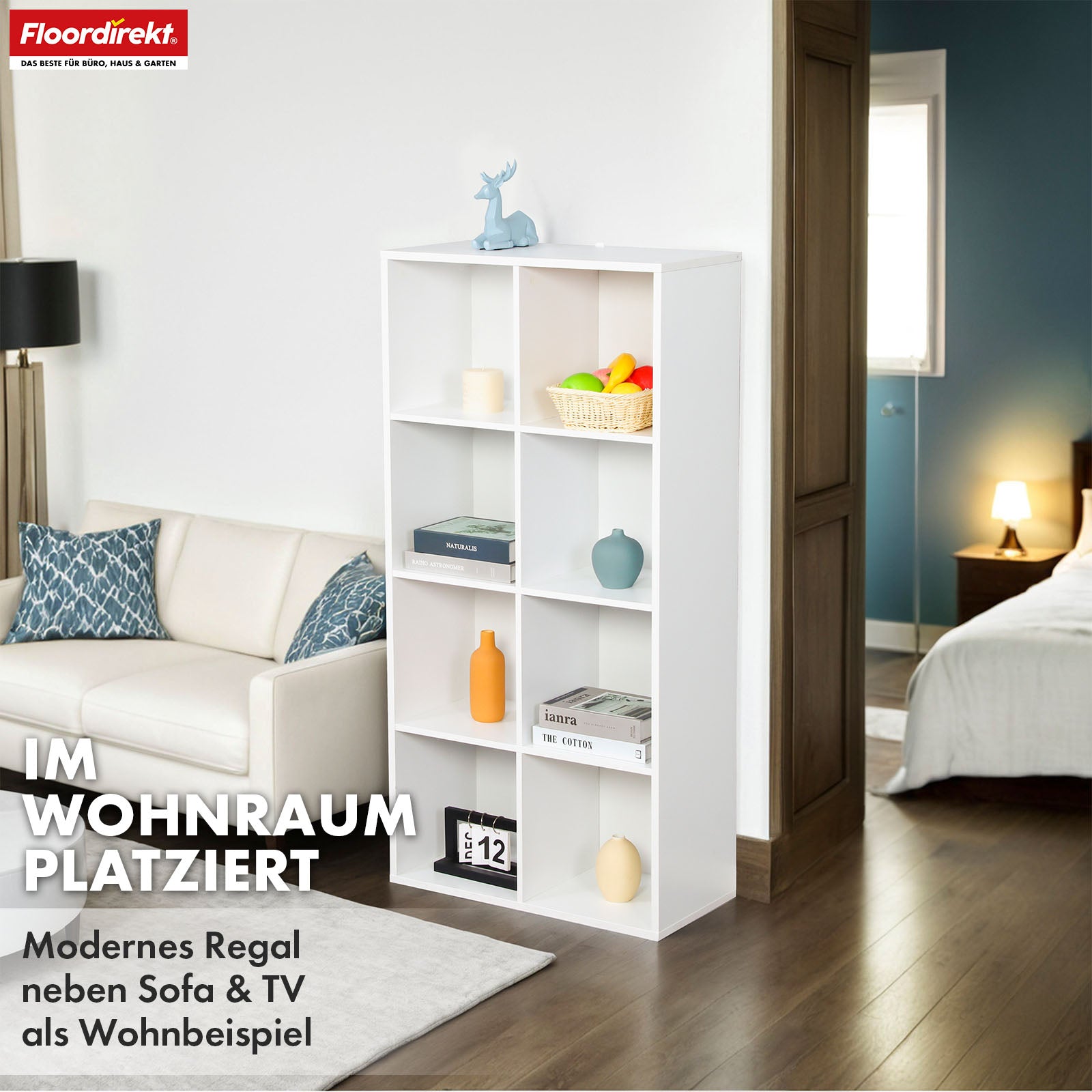 Bücherregal | California | Modernes, platzsparendes MDF-Regal mit Anti-Kipp-Sicherung in Weiß 4-8 offene Fächer