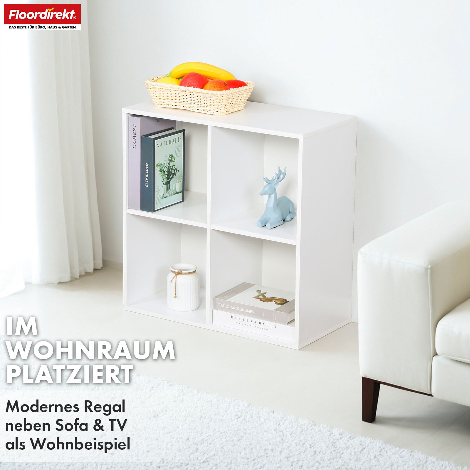 Bücherregal | California | Modernes, platzsparendes MDF-Regal mit Anti-Kipp-Sicherung in Weiß 4-8 offene Fächer