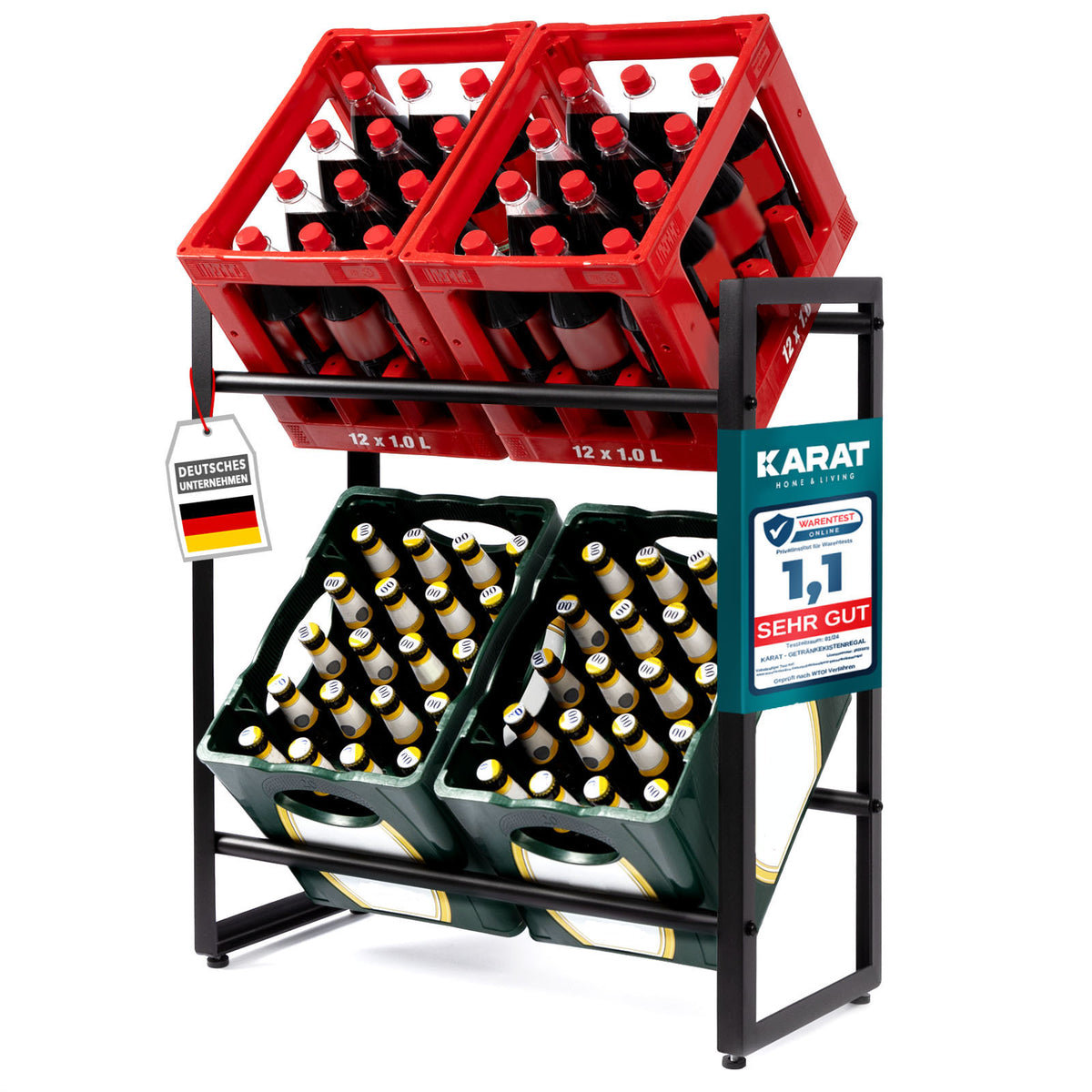 Flaschenkastenständer Kenji | Robustes Lagerregal für Büro, Küche, Garage oder Flur | Schwarz | In 2 Größen erhältlich