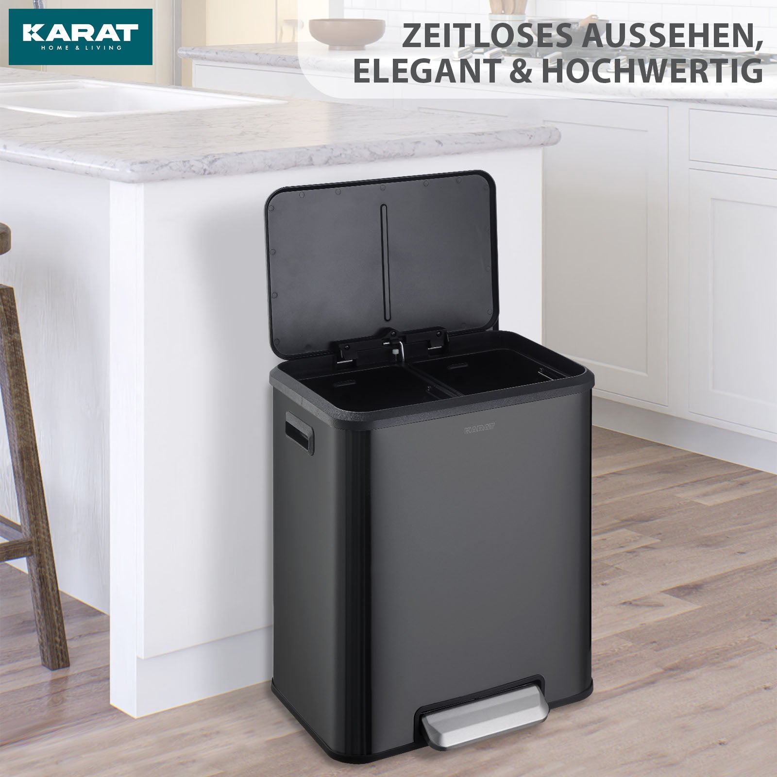 Mülleimer | Jack | 30 L Fassungsvermögen | 2-fach Mülltrennung | Soft-Close & Pedal | Edelstahl oder Schwarz