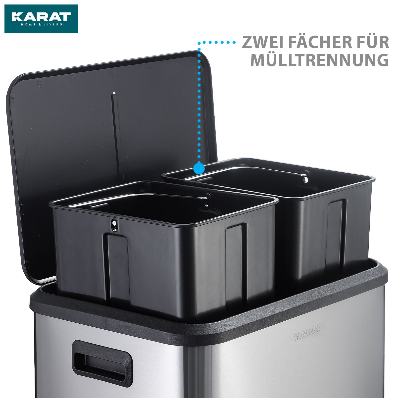 Mülleimer | Jack | 30 L Fassungsvermögen | 2-fach Mülltrennung | Soft-Close & Pedal | Edelstahl oder Schwarz