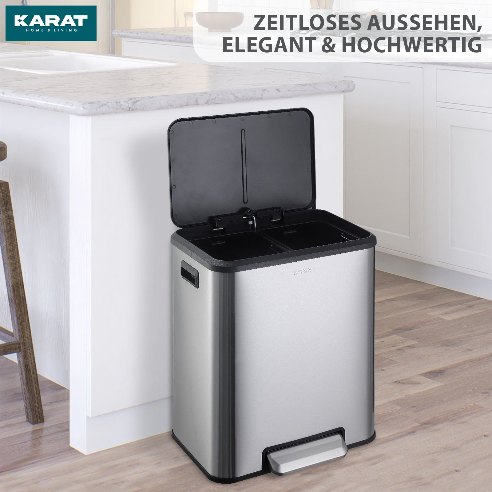 Mülleimer | Jack | 30 L Fassungsvermögen | 2-fach Mülltrennung | Soft-Close & Pedal | Edelstahl oder Schwarz