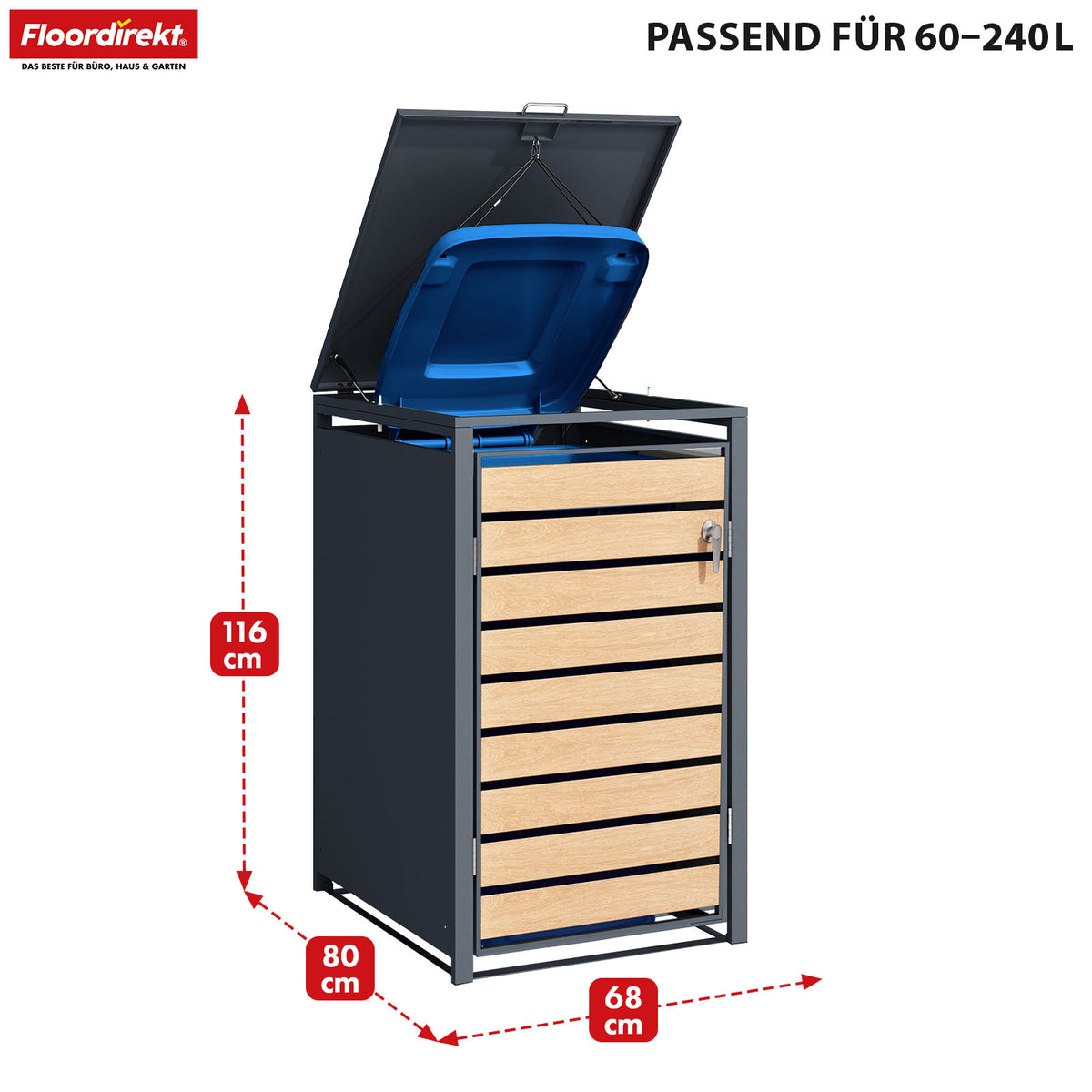 Mülltonnenbox | Johan | Anthrazitfarbene Mülltonnenverkleidung mit Holzdekor und robustem Edelstahlrahmen | 1–3 Türen | Mülltonnenaufbewahrung für 60–240 L