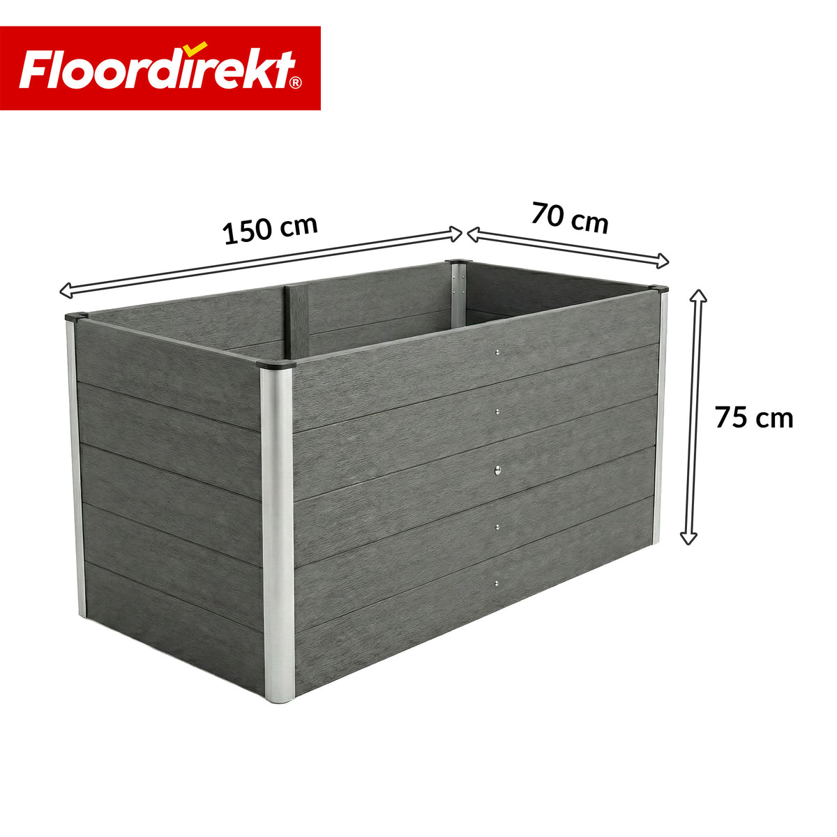 WPC-Hochbeet | Delos | 150 x 70 x 75 cm | Extra stabil mit Stützstange | Anthrazit | Mit Aluminium-Eckprofilen