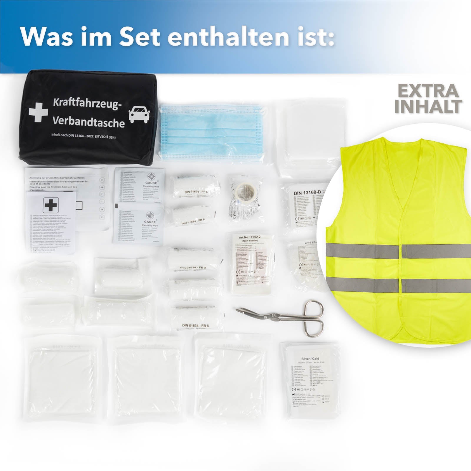 Verbandtasche nach EU DIN 13164 mit Klettbefestigung für einen sichern Halt  im Kofferraum