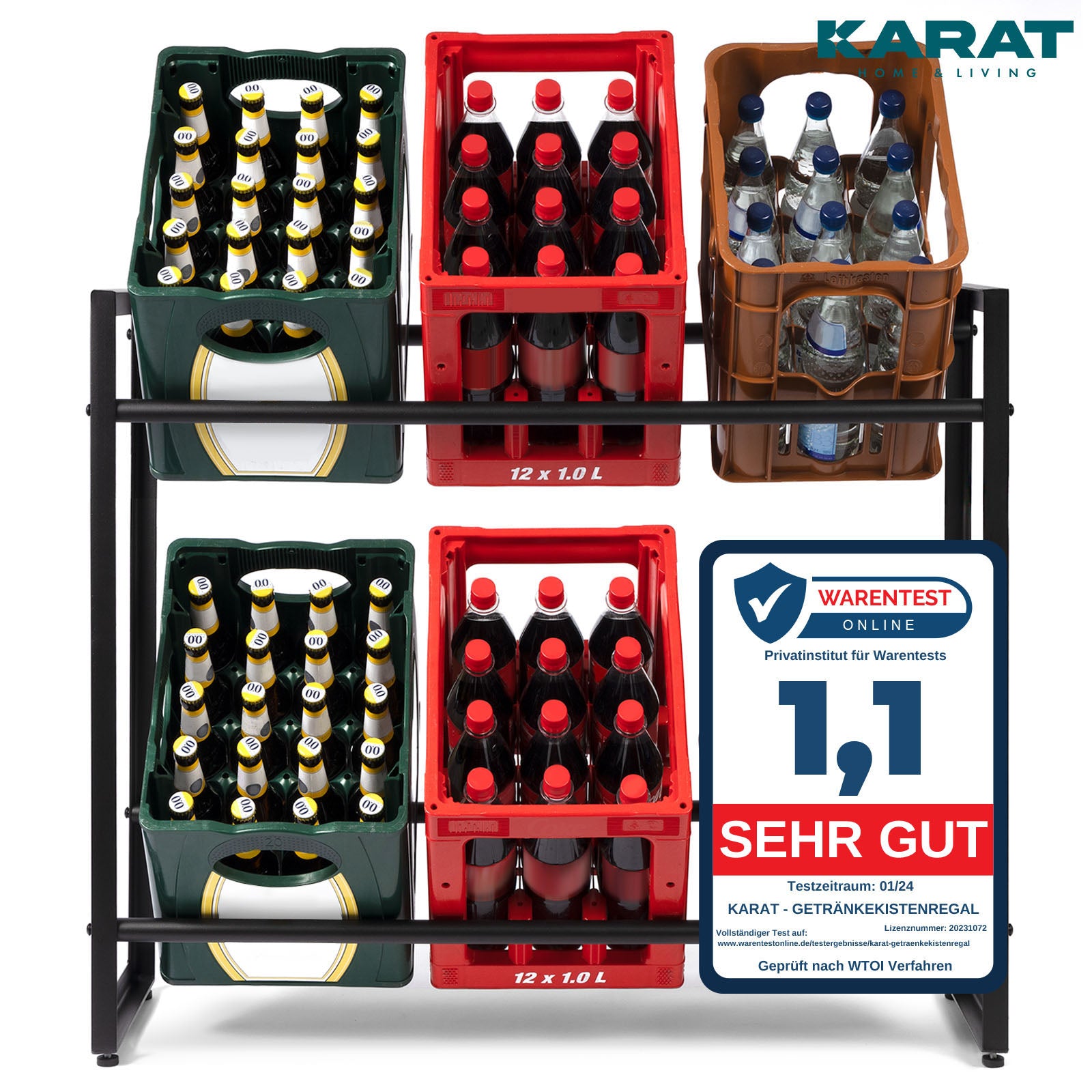 Flaschenkastenständer Kenji | Robustes Lagerregal für Büro, Küche, Garage oder Flur | Schwarz