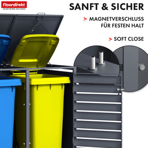 Mülltonnenbox | Magnus | Wetterfeste Anthrazitfarbene Mülltonnenverkleidung mit Edelstahlrahmen | 1–3 Türen | Für 60–240 L Mülltonnen geeignet