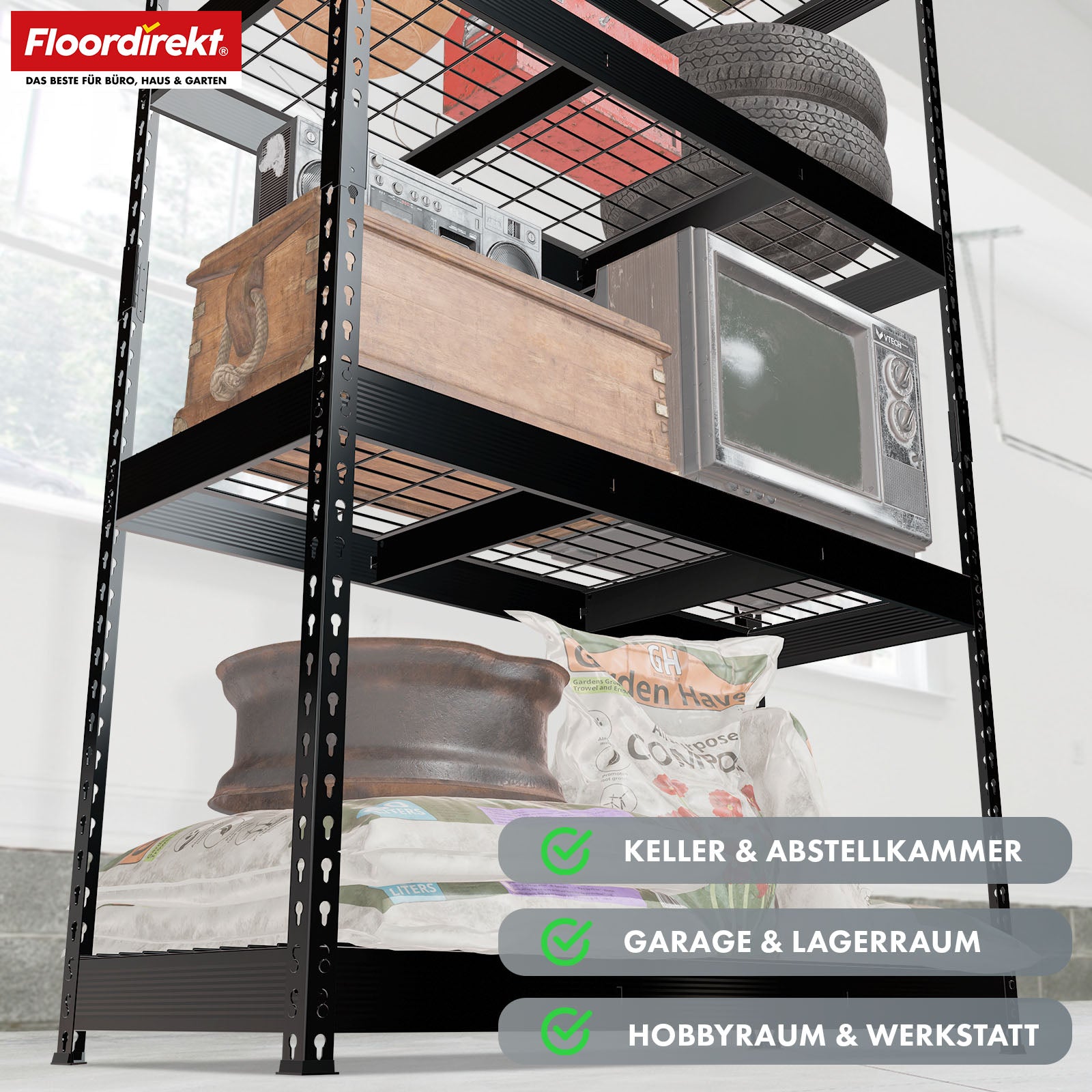 Schwerlastregal | Yukon Rivet | Stahlregal mit Gitterböden | 250–350 kg Tragkraft je Etage | Verschiedene Größen & Farben