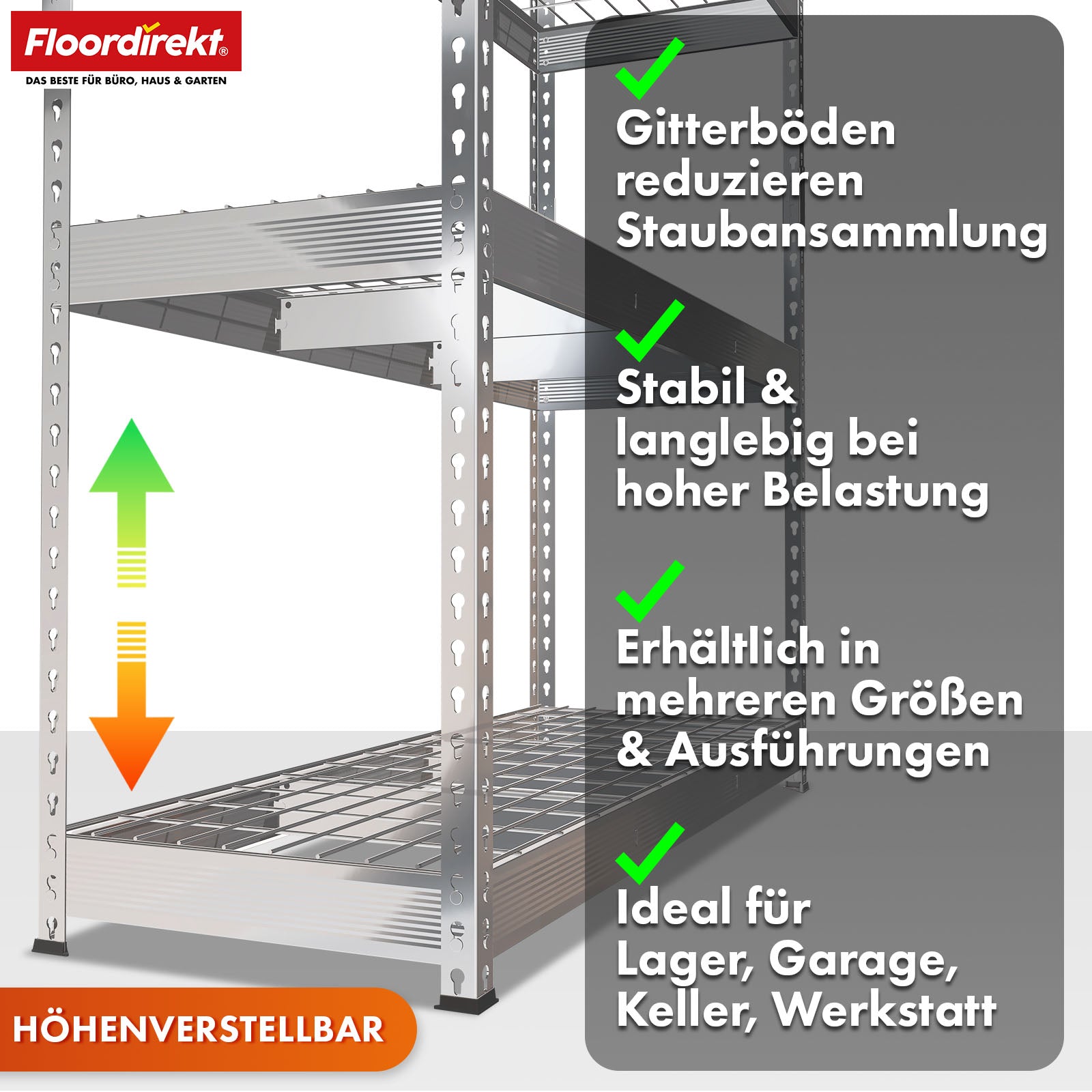 Schwerlastregal | Yukon Rivet | Stahlregal mit Gitterböden | 250–350 kg Tragkraft je Etage | Verschiedene Größen & Farben