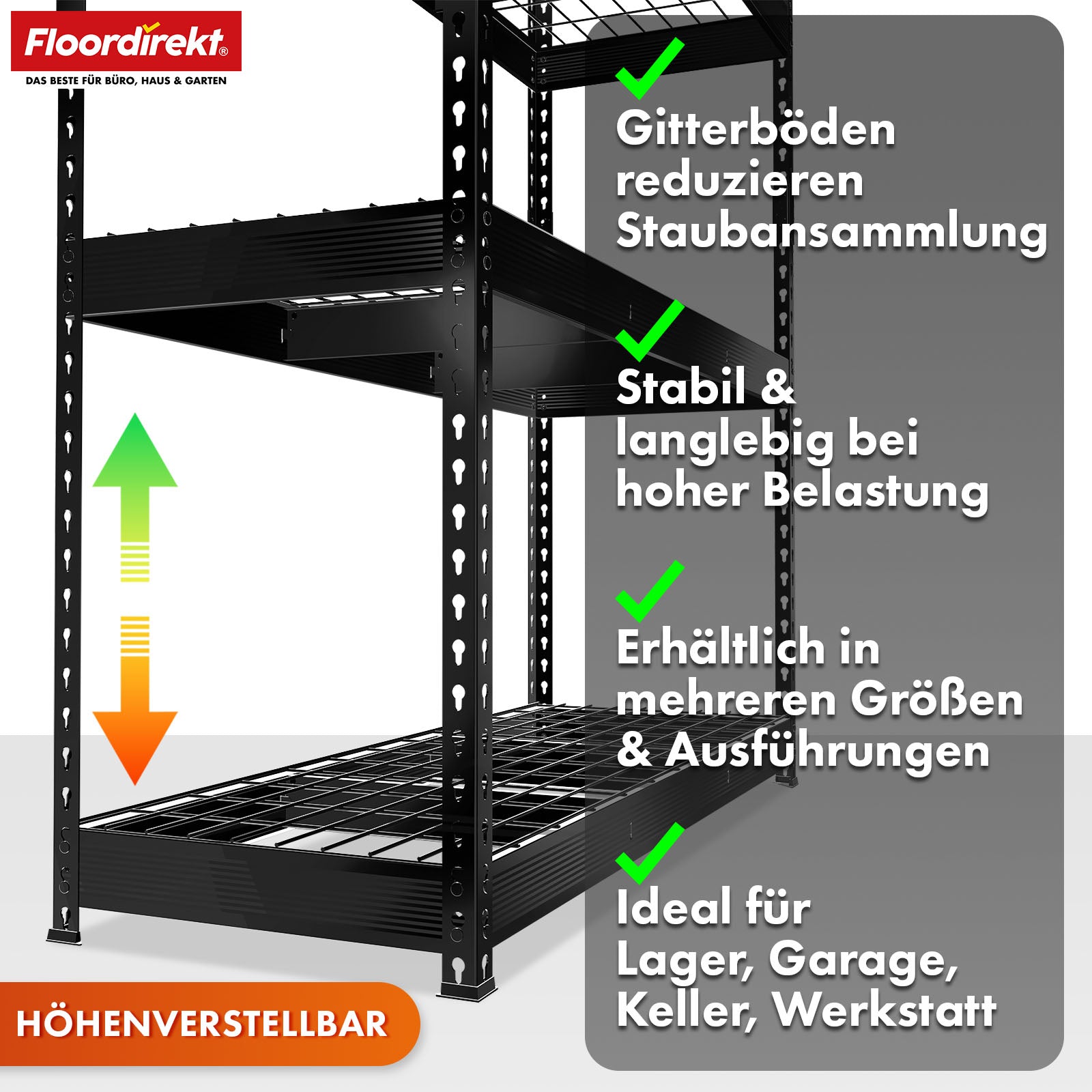 Schwerlastregal | Yukon Rivet | Stahlregal mit Gitterböden | 250–350 kg Tragkraft je Etage | Verschiedene Größen & Farben