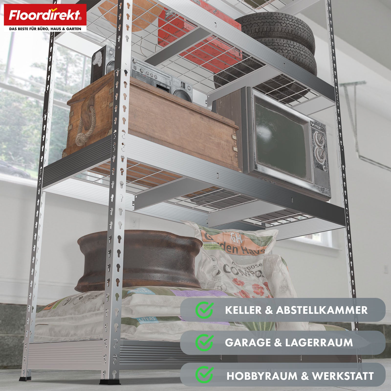Schwerlastregal | Yukon Rivet | Stahlregal mit Gitterböden | 250–350 kg Tragkraft je Etage | Verschiedene Größen & Farben