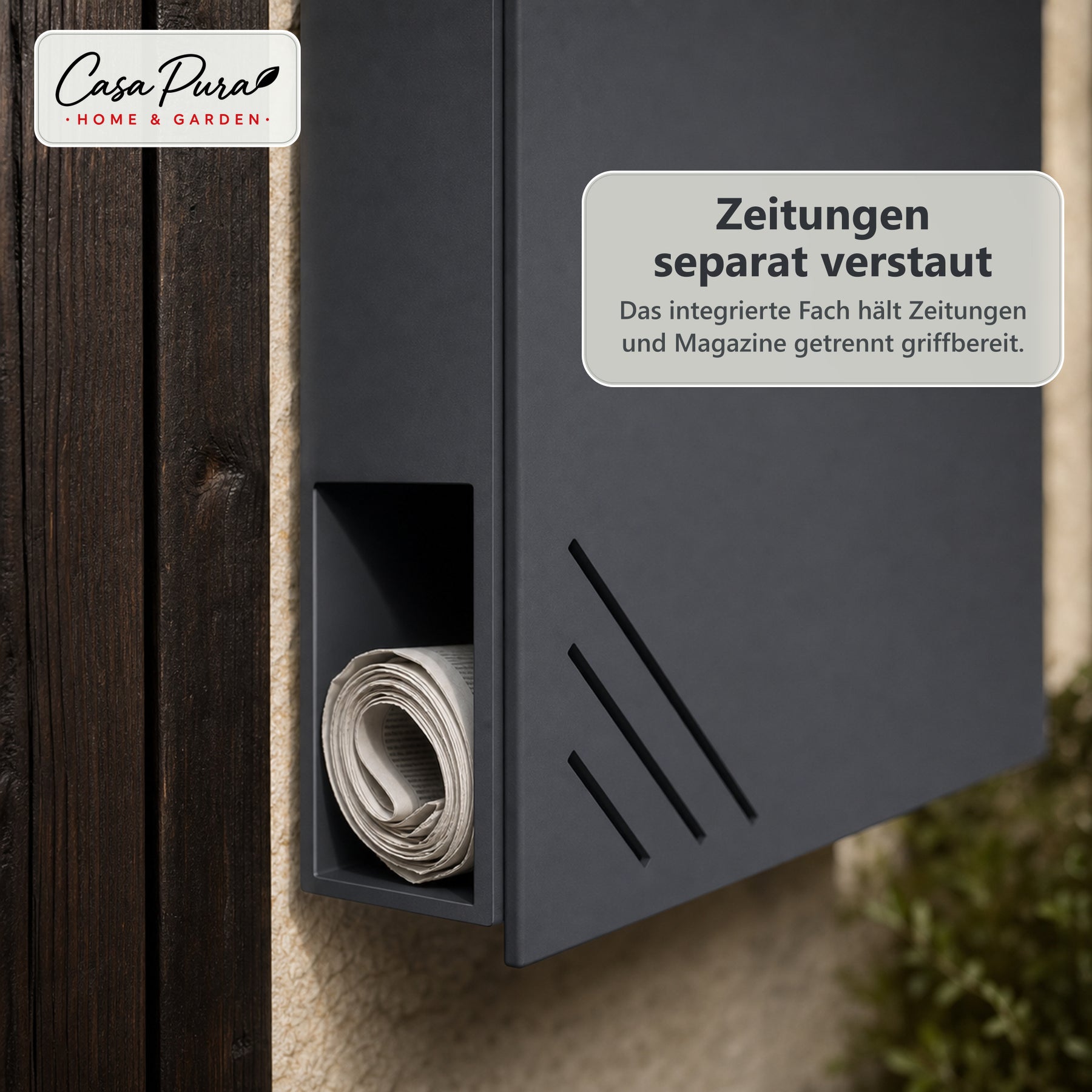 Briefkasten | Lucien | Wandbriefkasten aus verzinktem Stahl | Abschließbar | Anthrazit | Mit Zeitungsfach