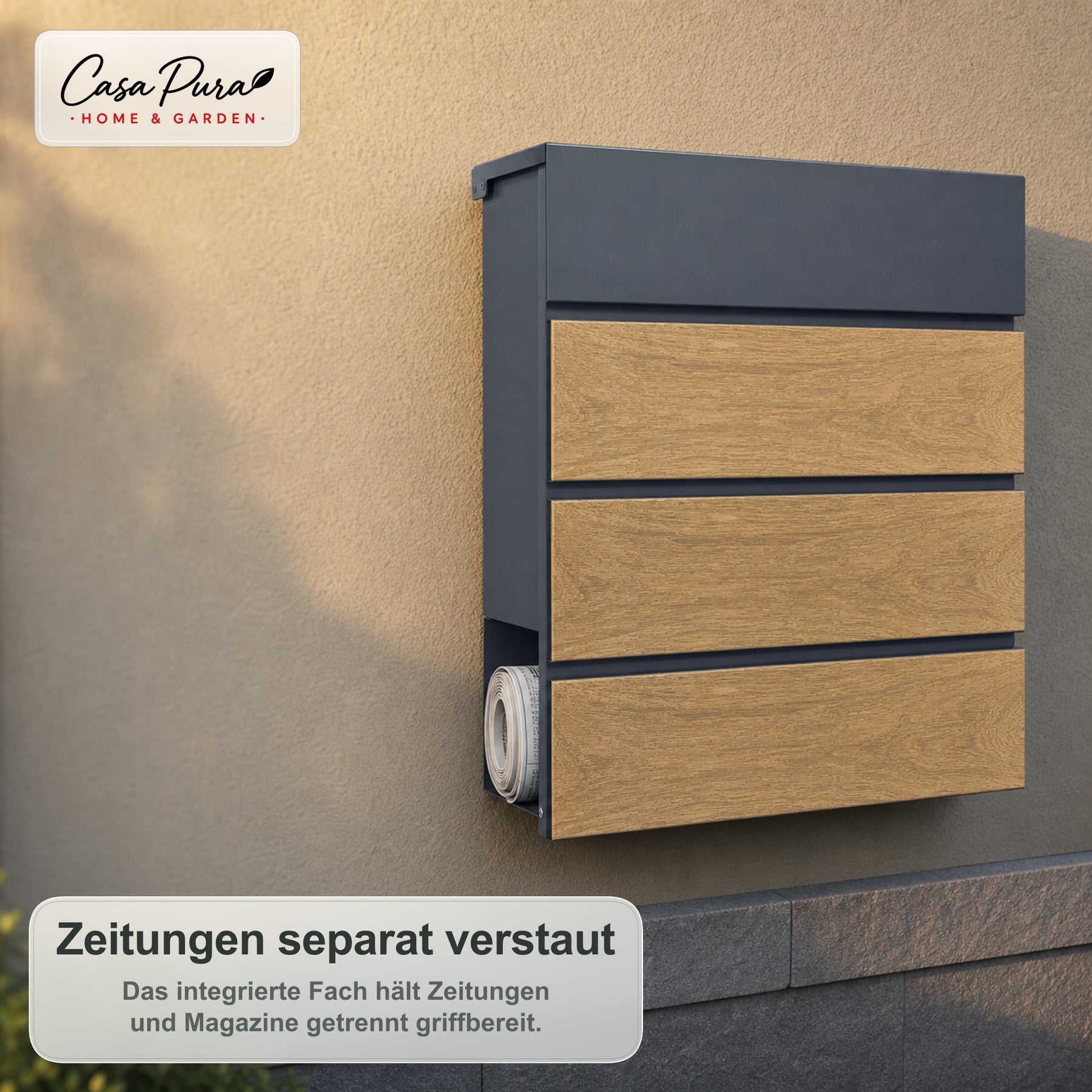 Briefkasten | Roland | Moderner Wandbriefkasten mit Zeitungsfach | Anthrazit Holzoptik