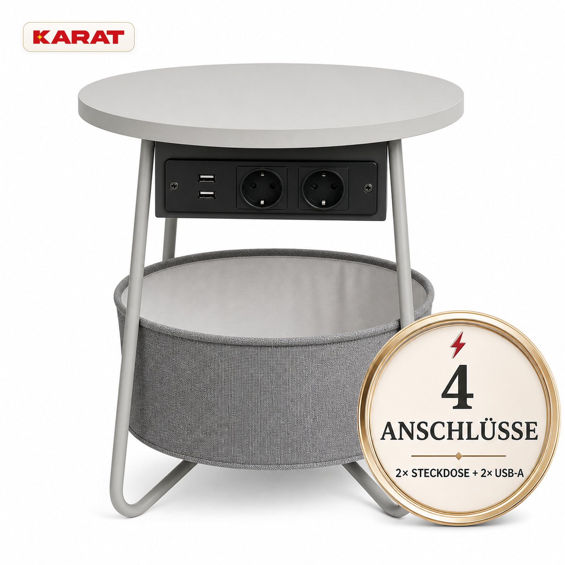 Beistelltisch | Dario | Runder Couchtisch mit 2 Steckdosen, 2 USB-A & Stauraumkorb | Ø 45 cm | 4 Farben