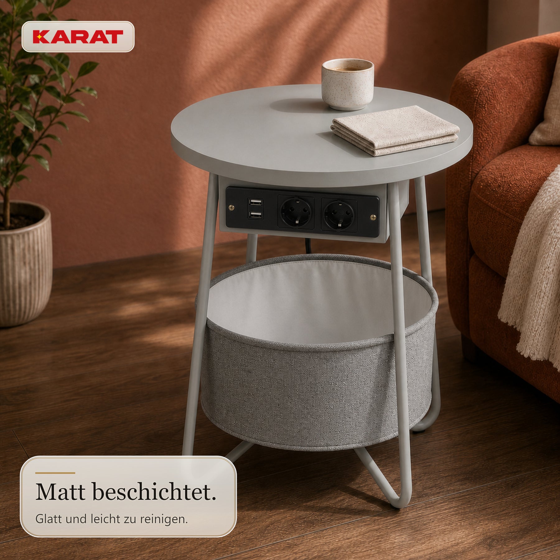 Beistelltisch | Dario | Runder Couchtisch mit 2 Steckdosen, 2 USB-A & Stauraumkorb | Ø 45 cm | 4 Farben