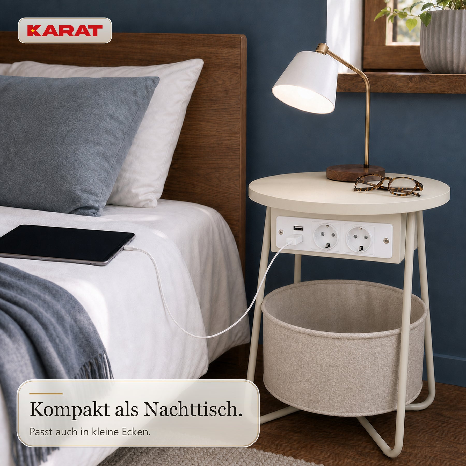 Beistelltisch | Dario | Runder Couchtisch mit 2 Steckdosen, 2 USB-A & Stauraumkorb | Ø 45 cm | 4 Farben