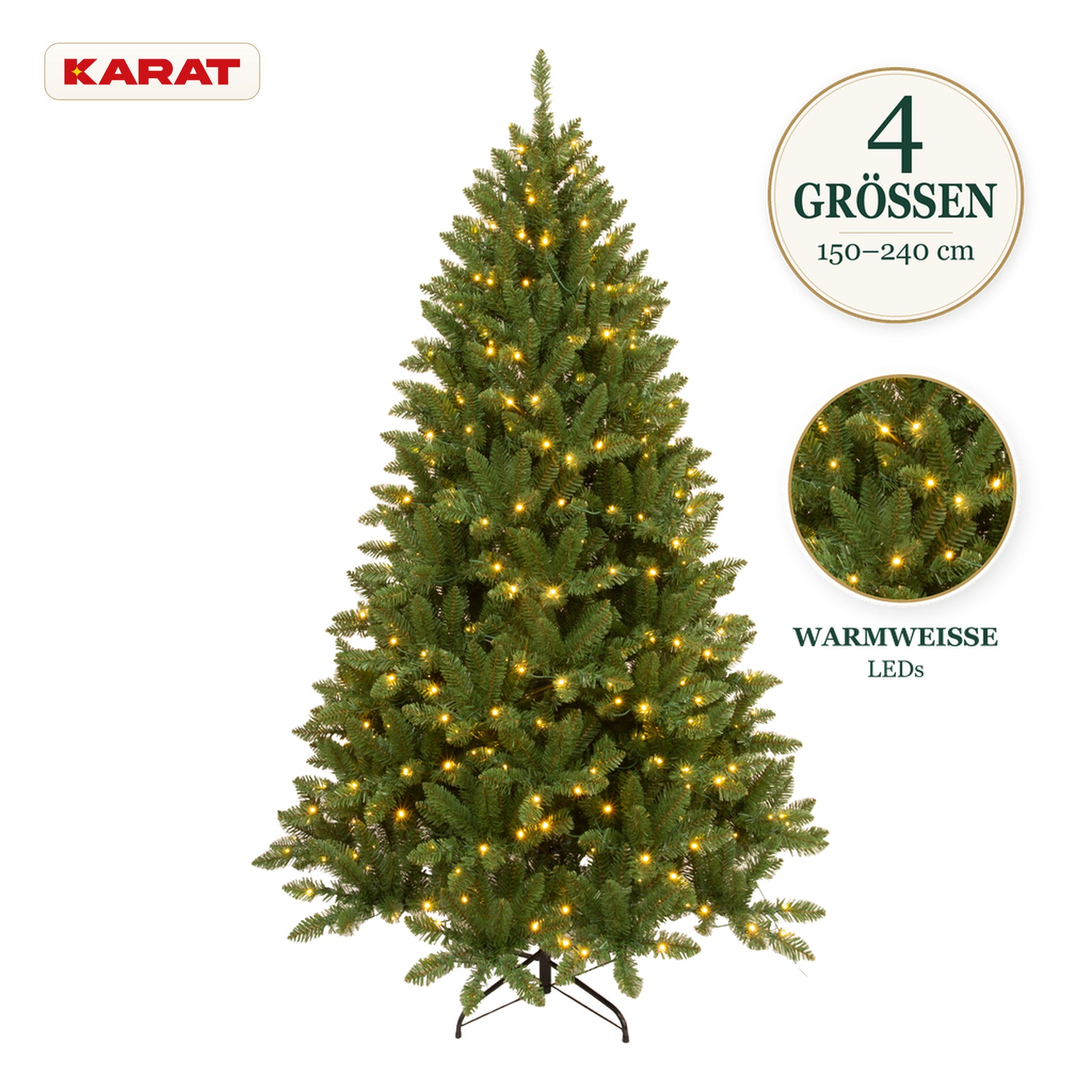Künstlicher Weihnachtsbaum mit LED-Beleuchtung | Evergreen | Warmweiße LEDs & Metallständer | 150–240 cm