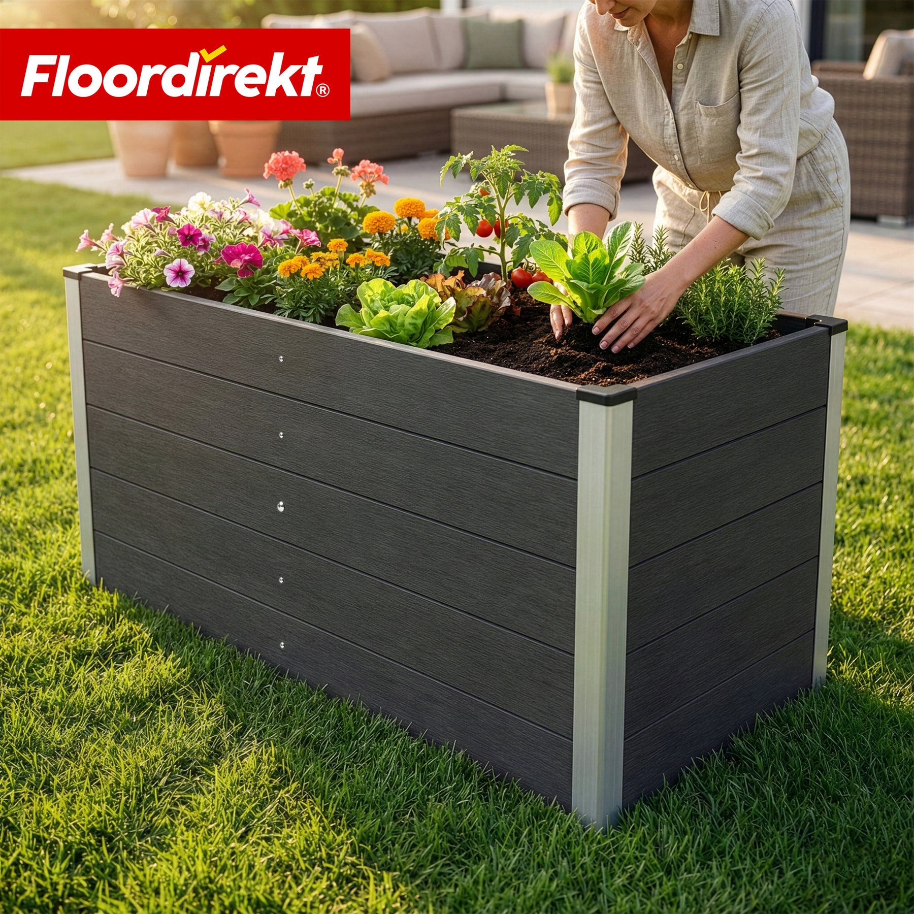 WPC-Hochbeet | Delos | 150 x 70 x 75 cm | Extra stabil mit Stützstange | Anthrazit | Mit Aluminium-Eckprofilen