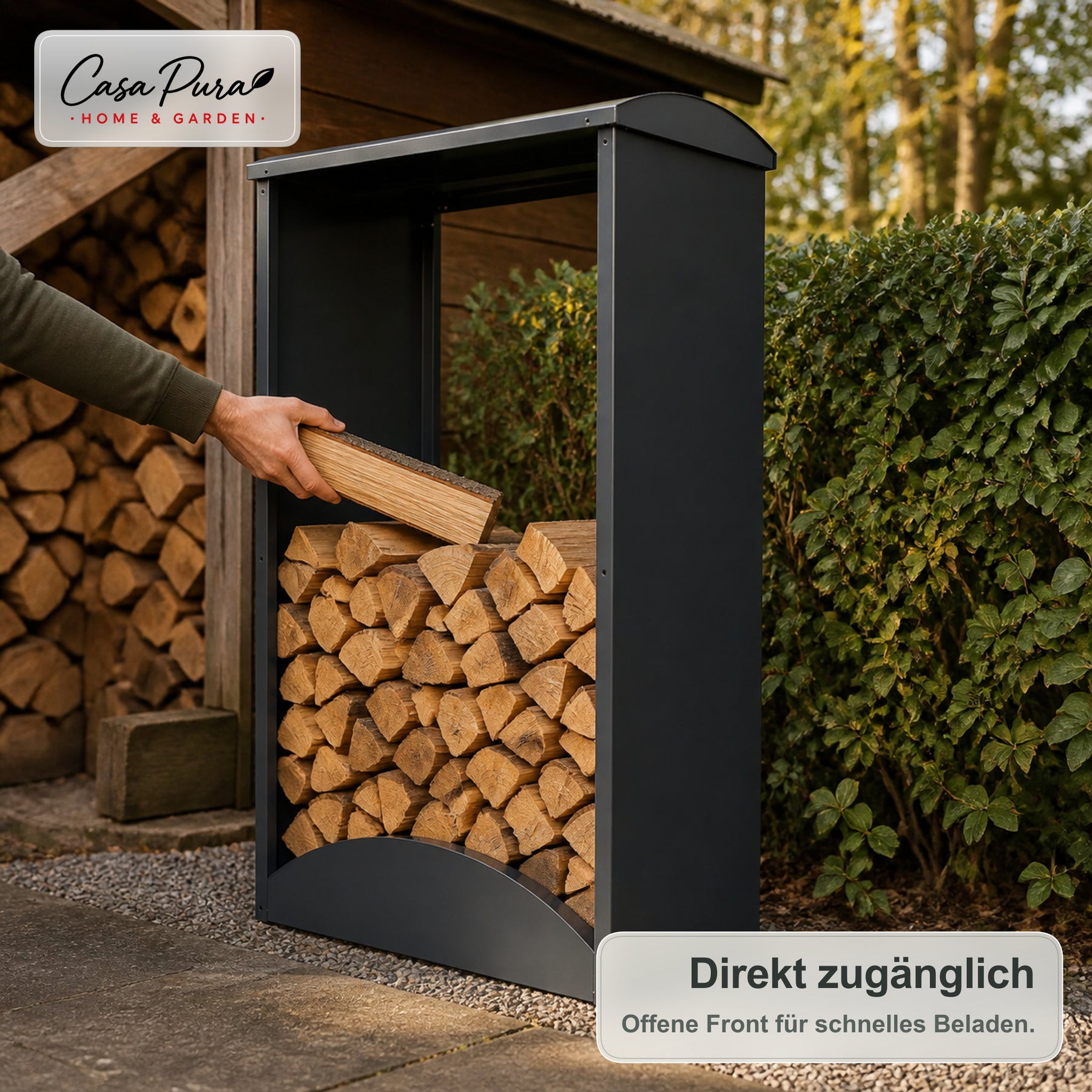 Kaminholzregal | Alexis | Brennholzregal aus verzinktem Stahl | Gewölbtes Dach | 98,4 × 52,4 × 160 cm
