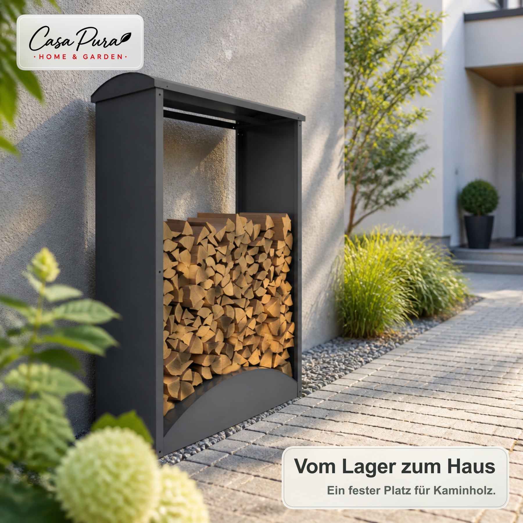 Kaminholzregal | Alexis | Brennholzregal aus verzinktem Stahl | Gewölbtes Dach | 98,4 × 52,4 × 160 cm