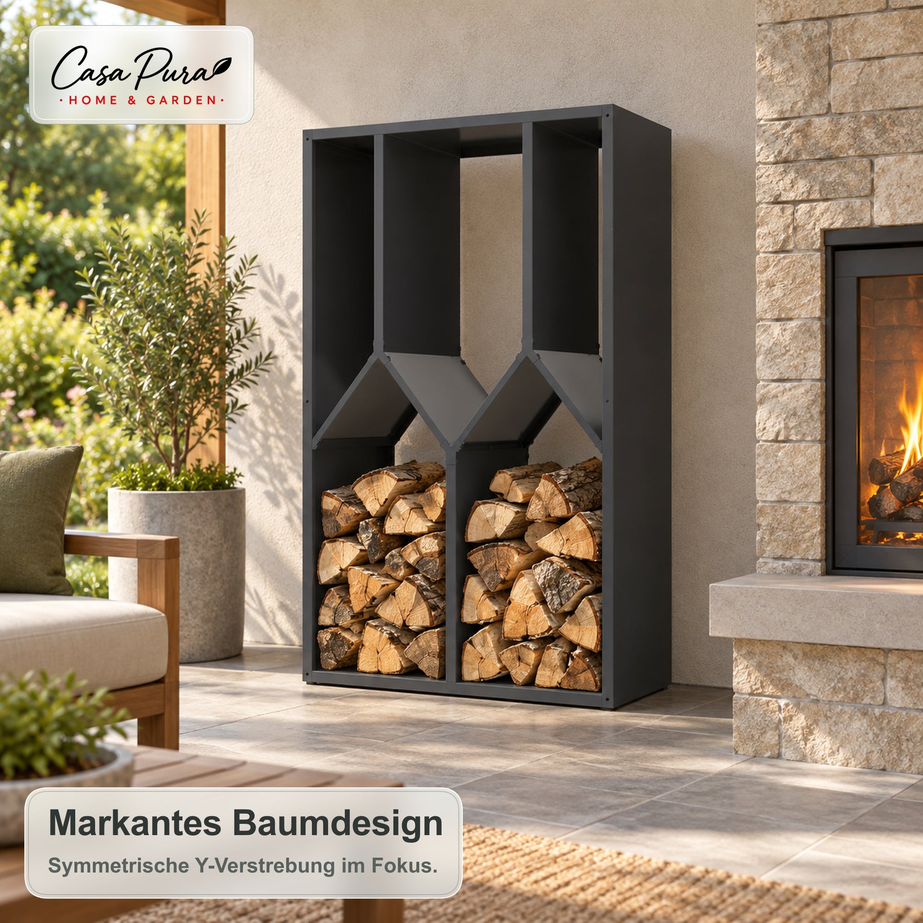 Kaminholzregal | Nikos | Brennholzregal aus verzinktem Stahl | Baumdesign | 95 × 50 × 160 cm