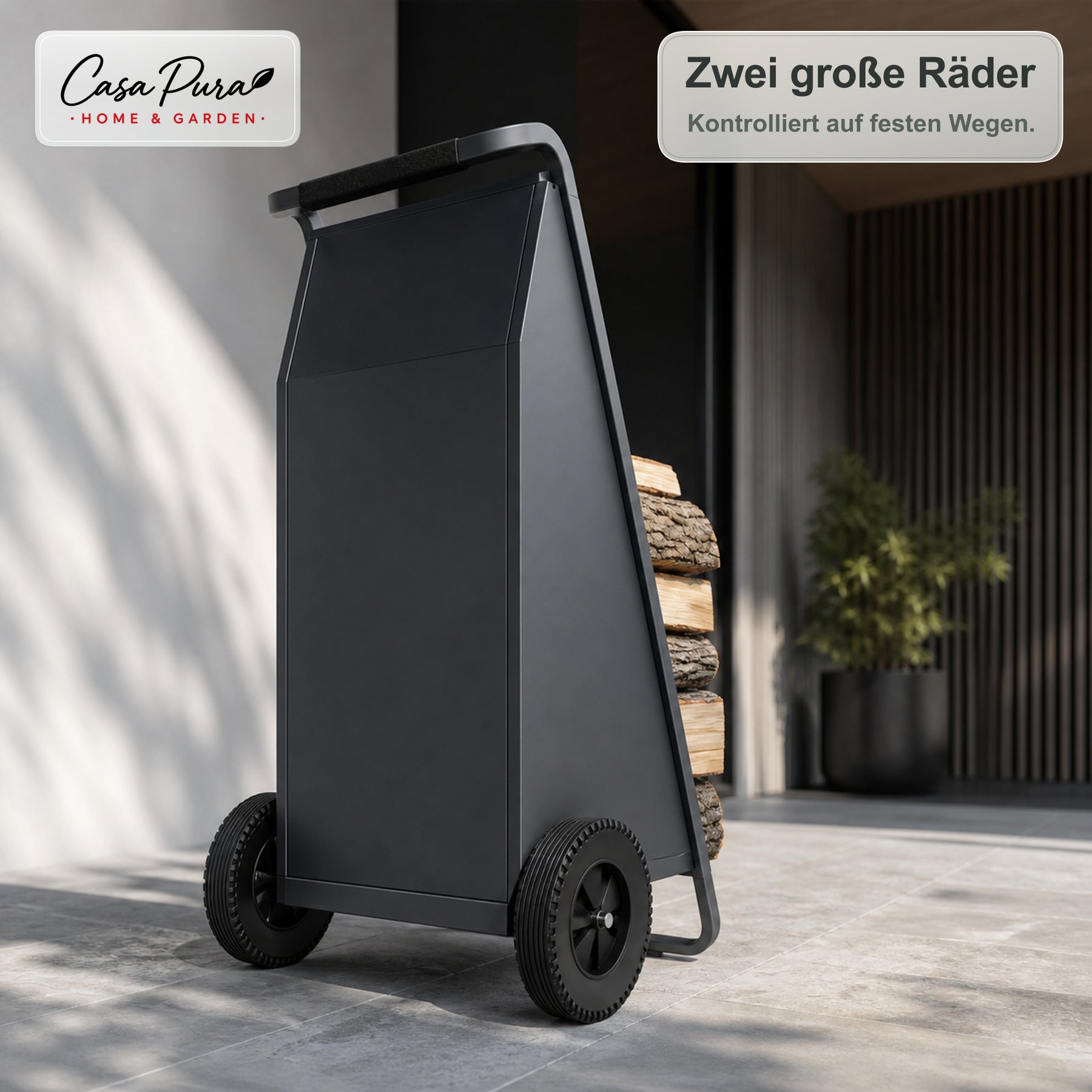 Kaminholzregal | Paolo | Mobiles Brennholzregal mit 2 Rädern & gepolstertem Griff | 43 × 56 × 116 cm