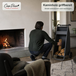 Kaminholzregal | Paolo | Mobiles Brennholzregal mit 2 Rädern & gepolstertem Griff | 43 × 56 × 116 cm