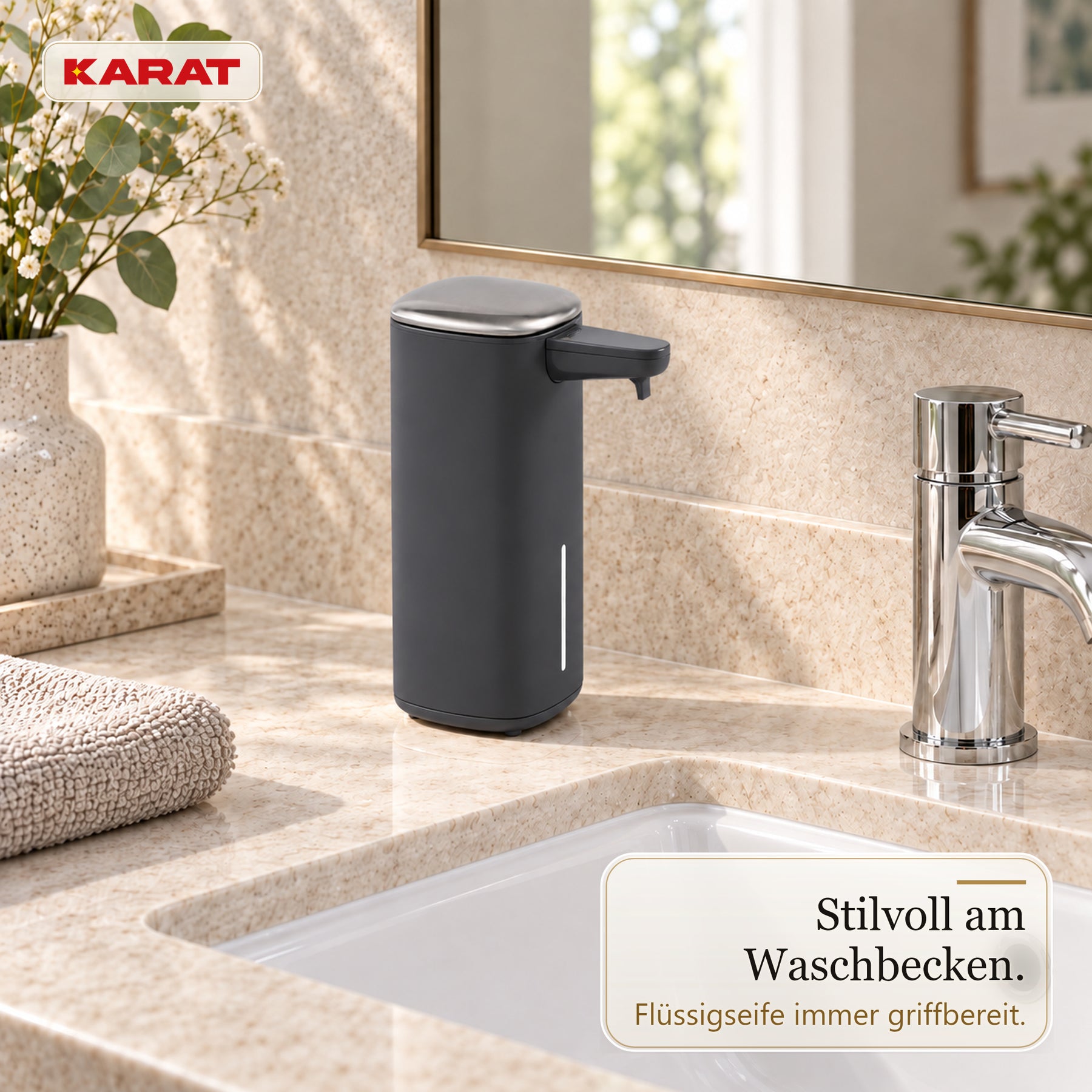 Automatischer Flüssigseifenspender | Liora | Berührungsloser Seifenspender mit Sensor, USB-C-Akku & Edelstahl | 250 ml