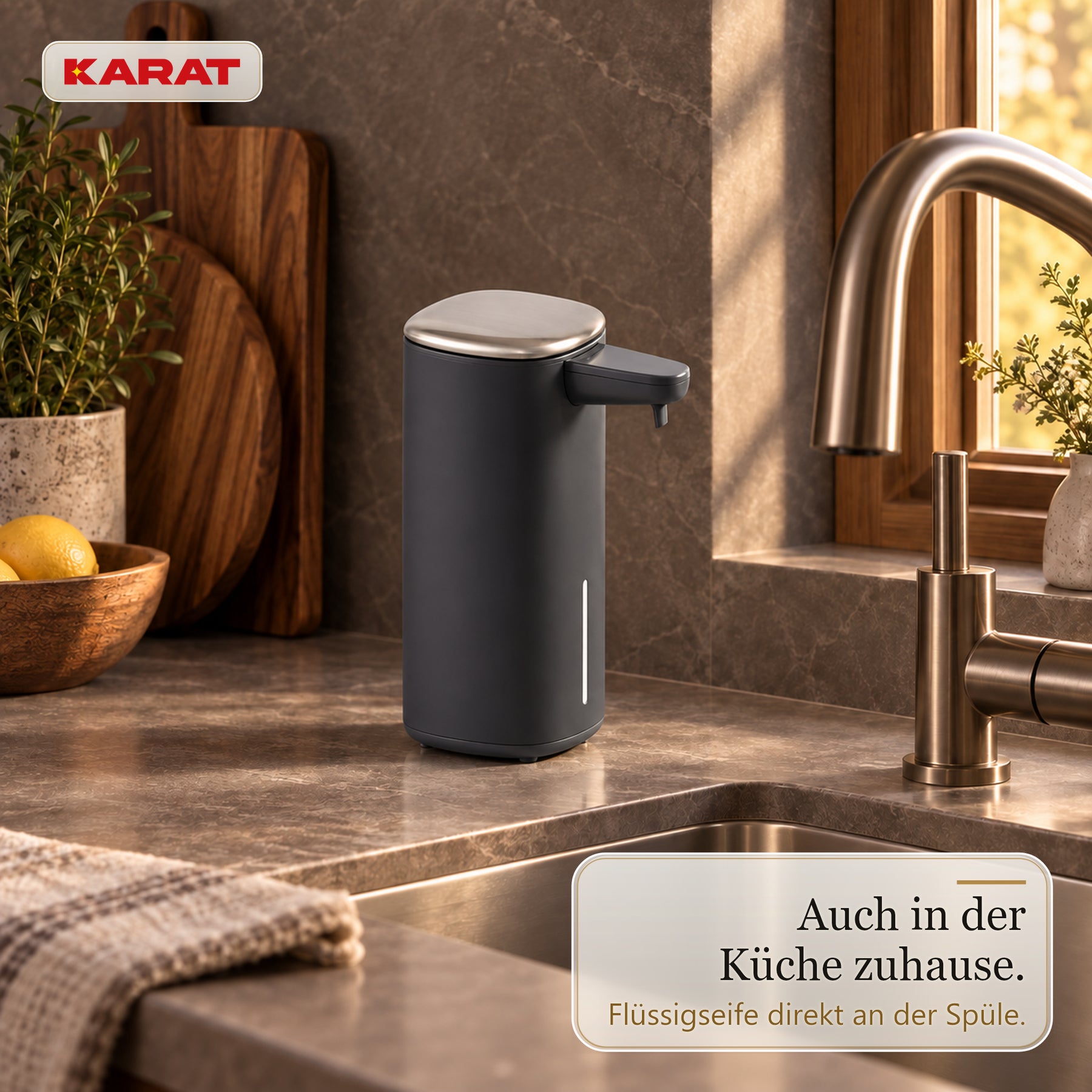 Automatischer Flüssigseifenspender | Liora | Berührungsloser Seifenspender mit Sensor, USB-C-Akku & Edelstahl | 250 ml