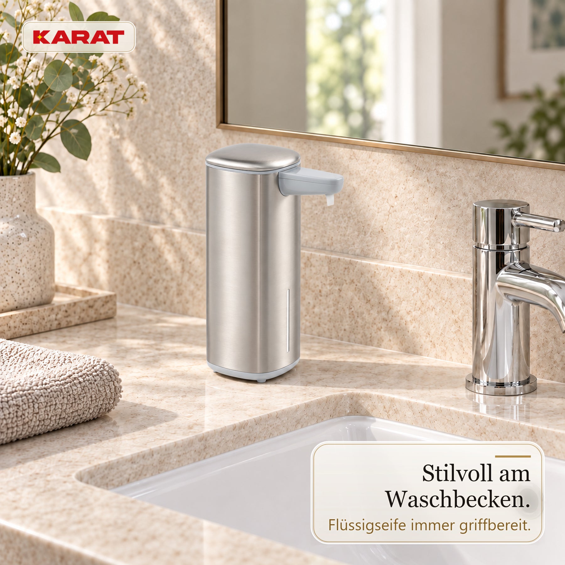 Automatischer Flüssigseifenspender | Liora | Berührungsloser Seifenspender mit Sensor, USB-C-Akku & Edelstahl | 250 ml