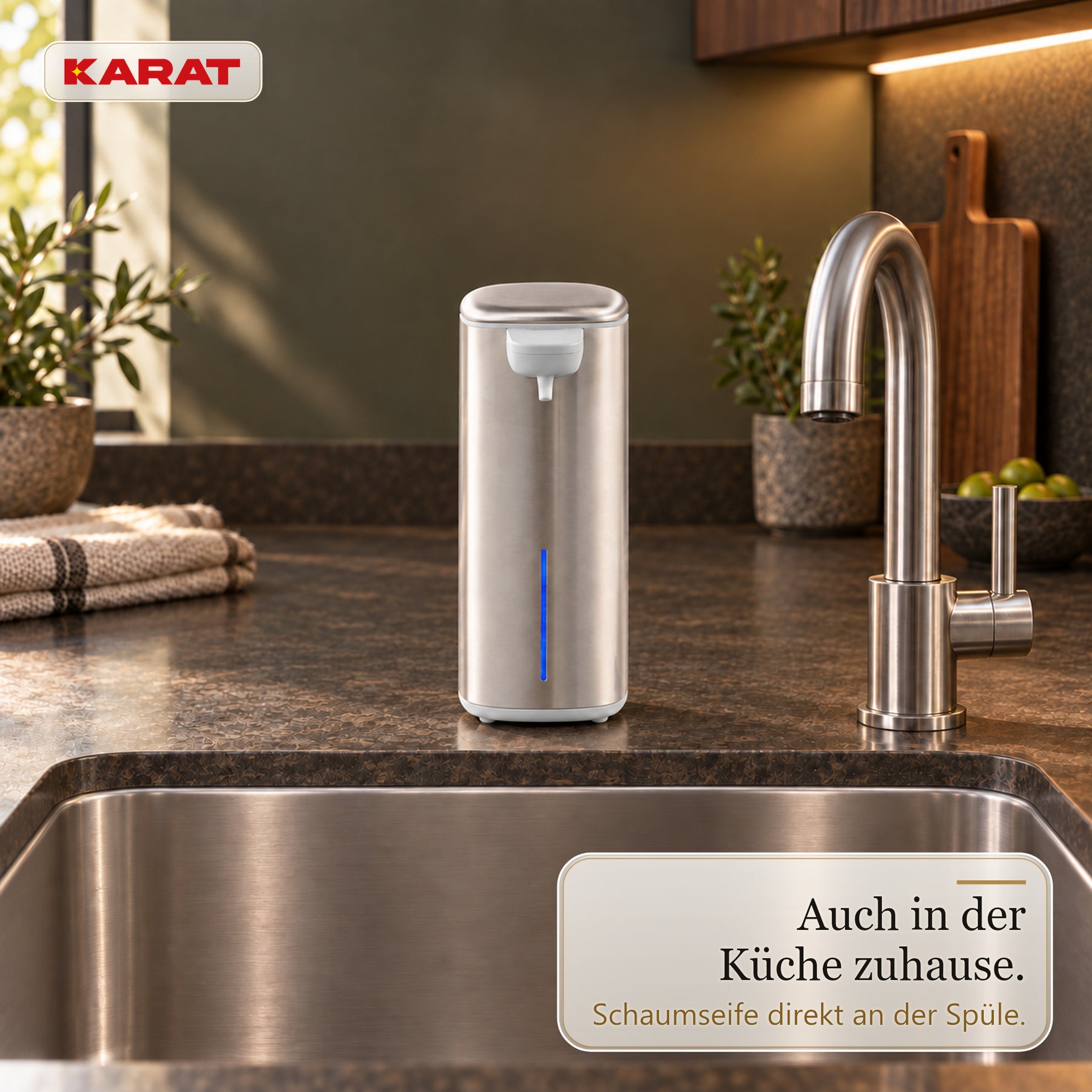 Automatischer Schaumseifenspender | Liora | Berührungsloser Seifenspender mit Sensor, USB-C-Akku & Edelstahl | 250 ml