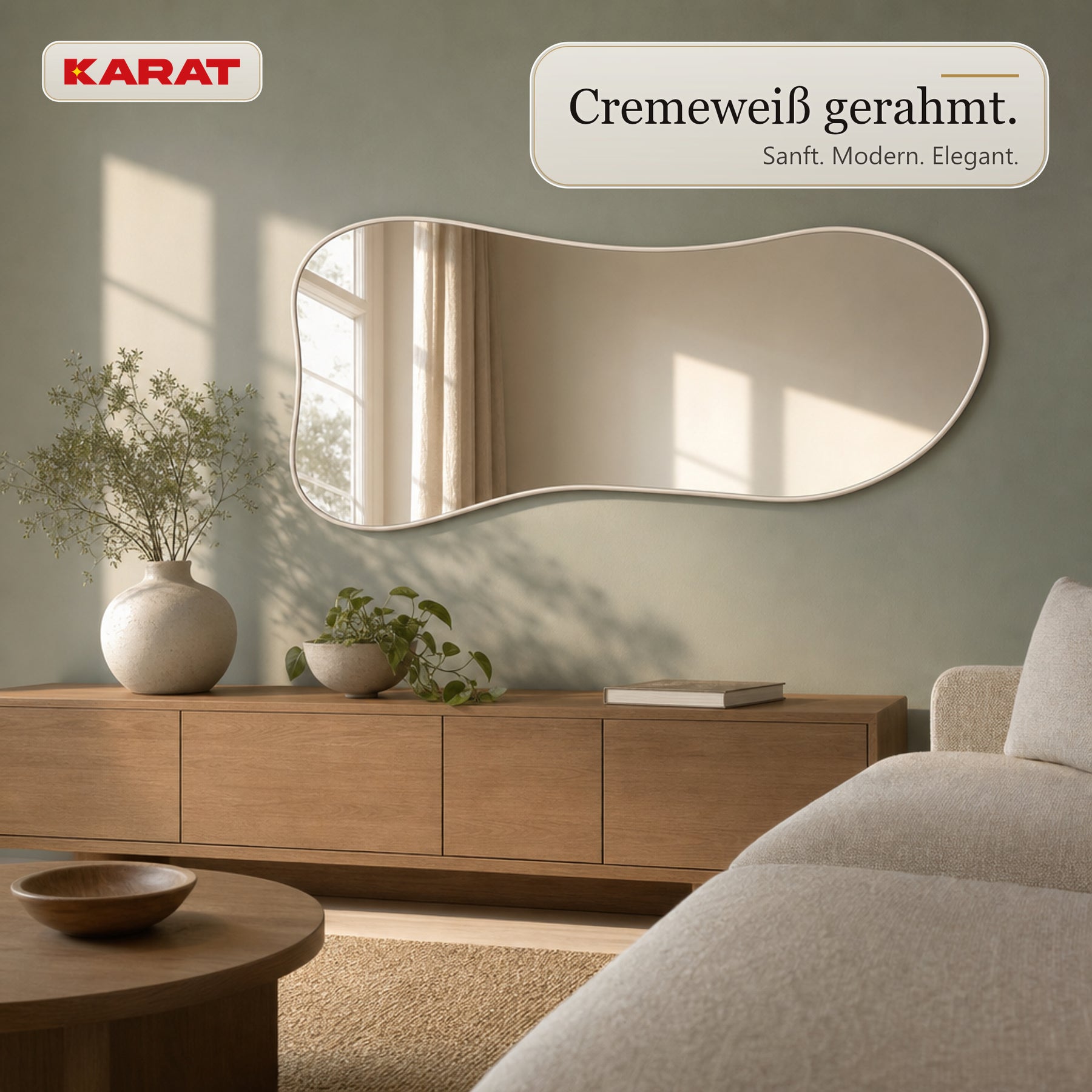Ganzkörperspiegel | Mila | Organischer Wandspiegel mit cremeweißem Aluminiumrahmen | 65 × 150 cm