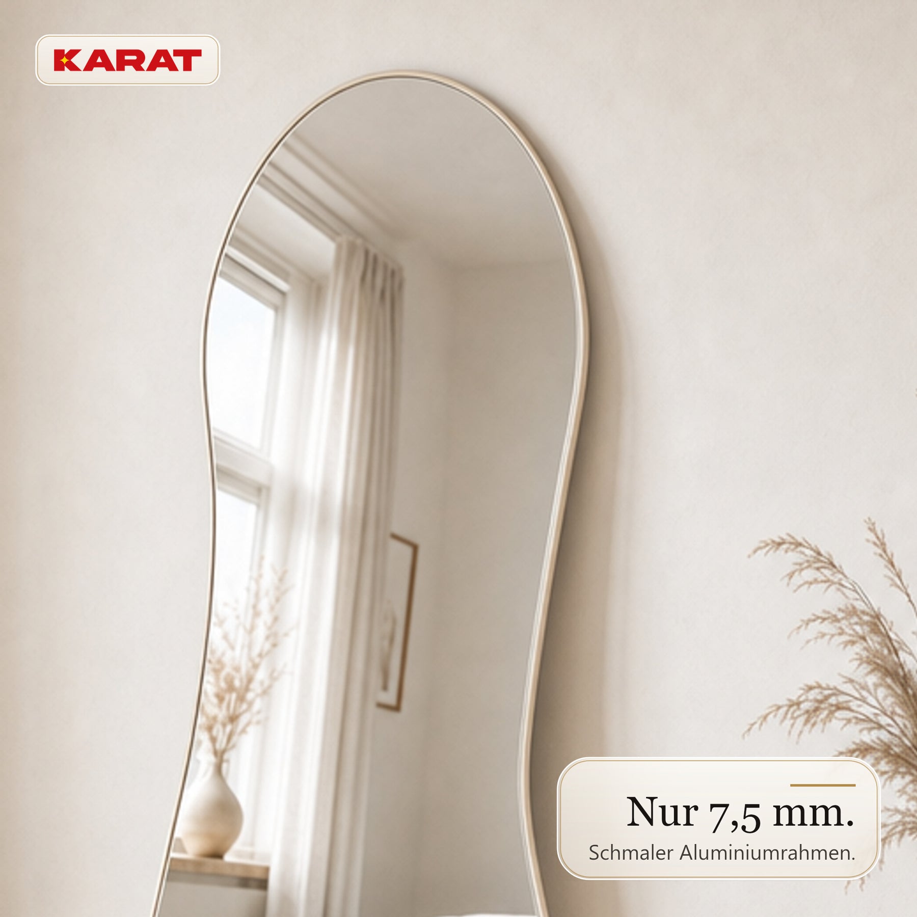 Ganzkörperspiegel | Mila | Organischer Wandspiegel mit cremeweißem Aluminiumrahmen | 65 × 150 cm