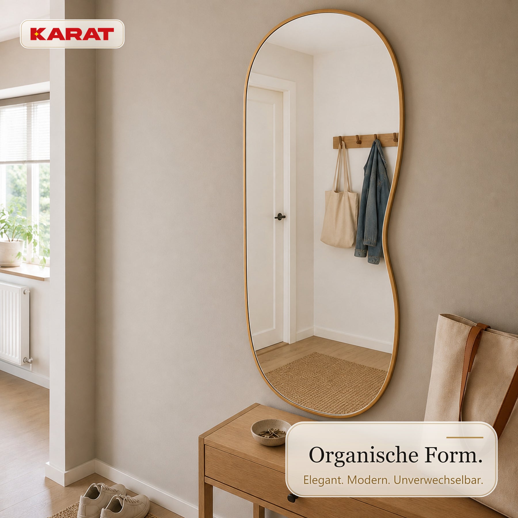 Wandspiegel | Serena | Organischer Ganzkörperspiegel mit Aluminiumrahmen in Holzoptik | 60 × 120 cm