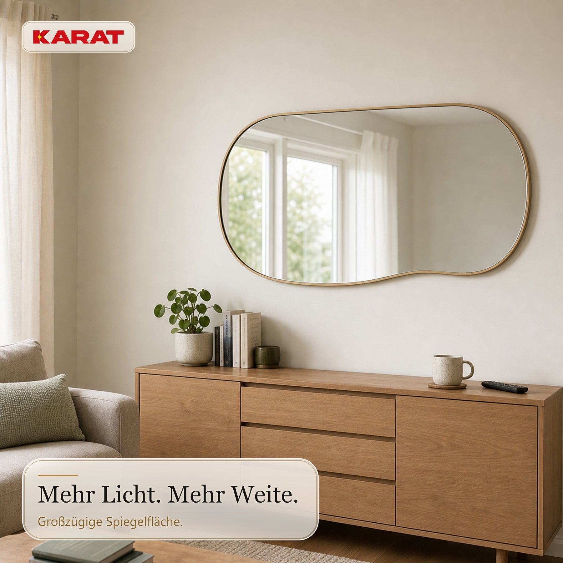 Wandspiegel | Serena | Organischer Ganzkörperspiegel mit Aluminiumrahmen in Holzoptik | 60 × 120 cm