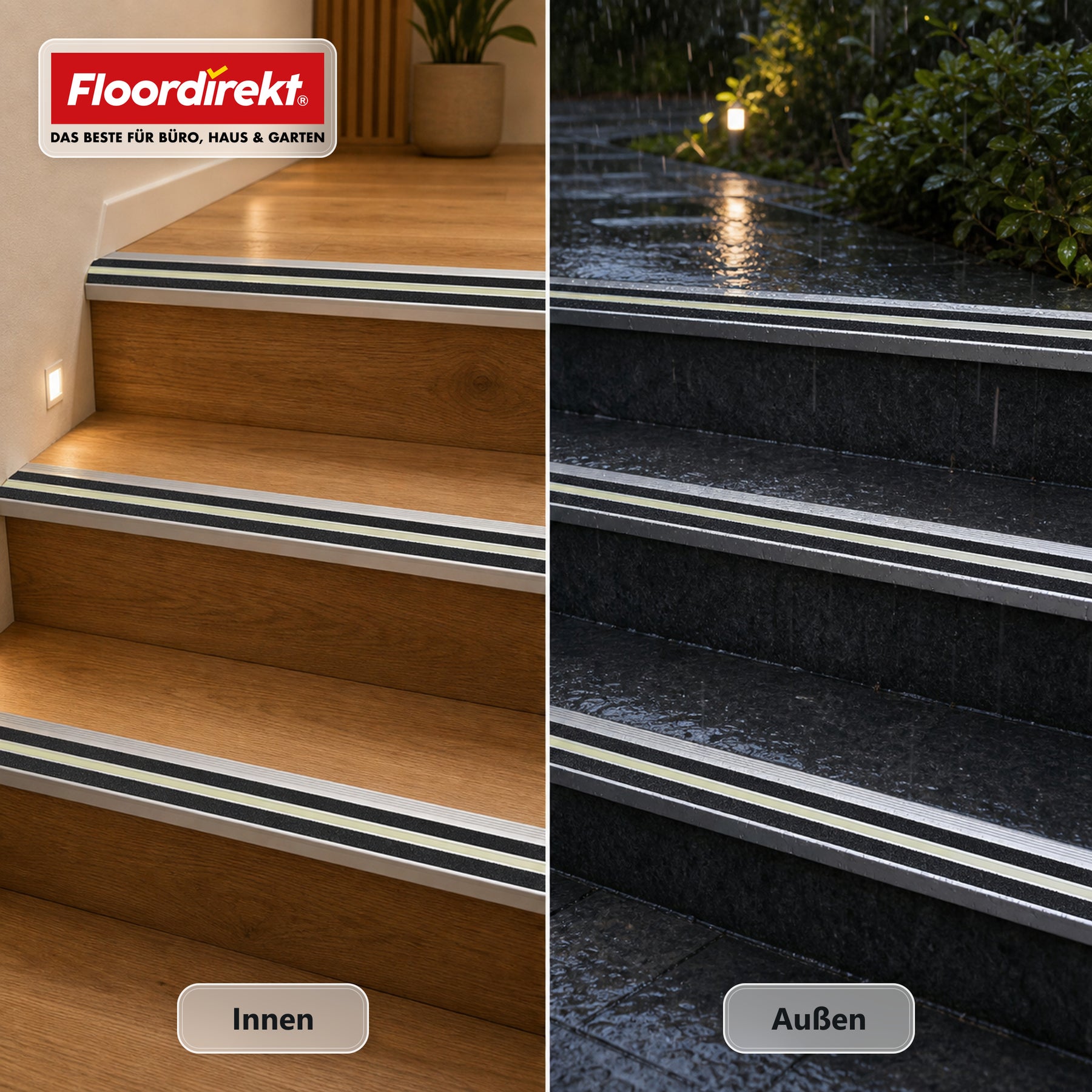 Treppenkantenprofil | Aura | Aluminium Anti-Rutsch-Profil mit nachleuchtendem Leuchtstreifen