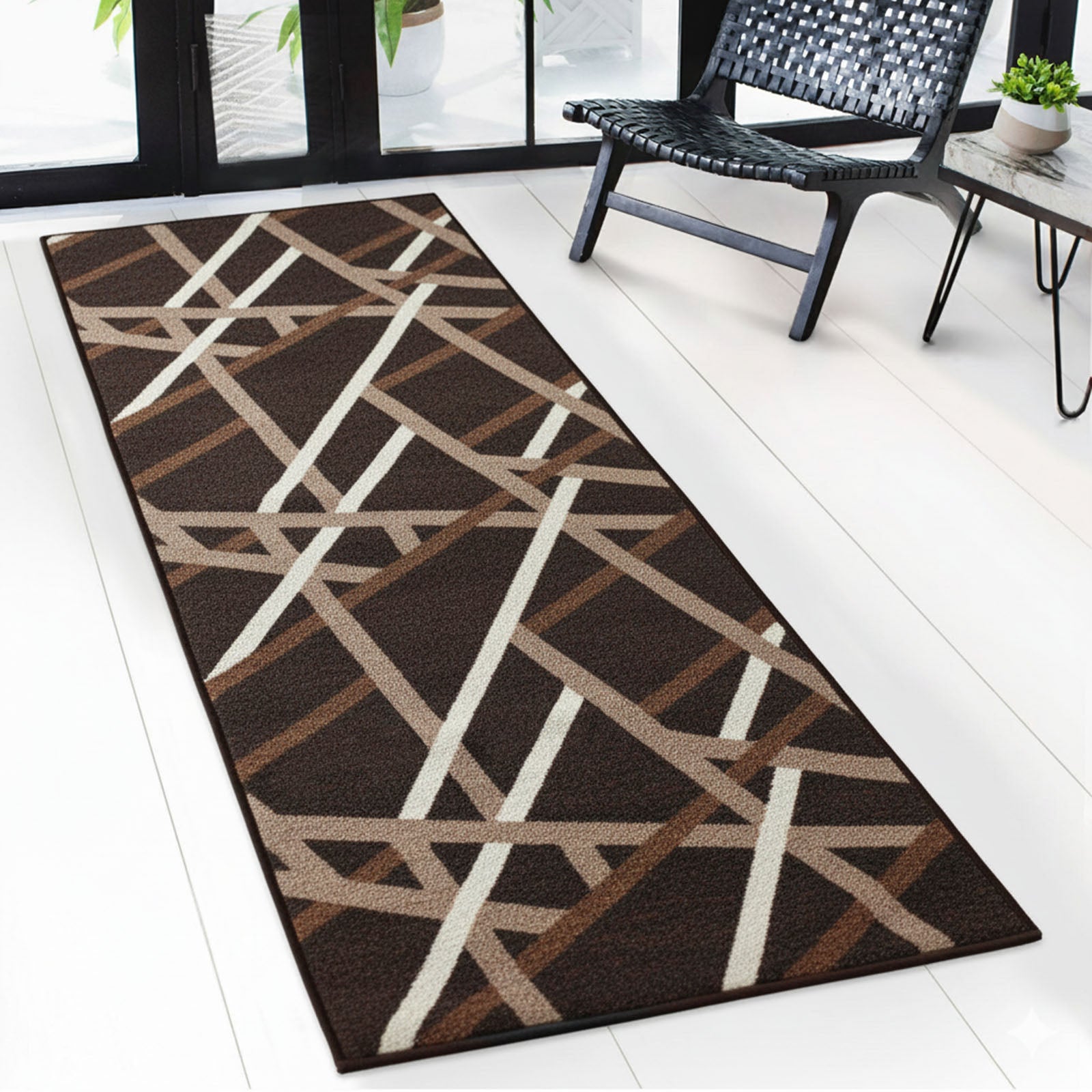 Teppichläufer | Printed | In Anthrazit & Braun | Moderner Läufer mit Streifen-Design & rutschhemmender Gel-Rückseite